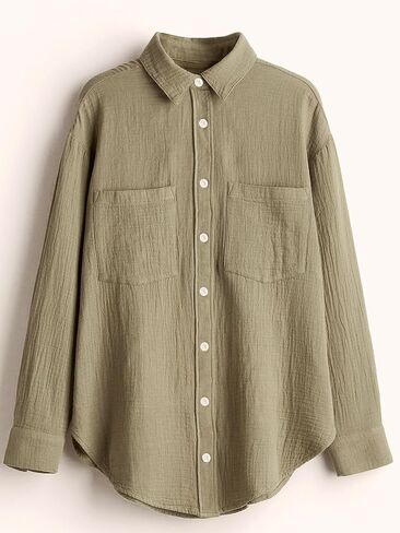 Womens Soft Cotton Weave Shirt Long Sleeve Tops Casual Blouse with Open Chest Pockets in Saudi Arabia
