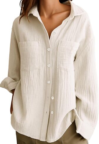 Womens Soft Cotton Weave Shirt Long Sleeve Tops Casual Blouse with Open Chest Pockets in Saudi Arabia