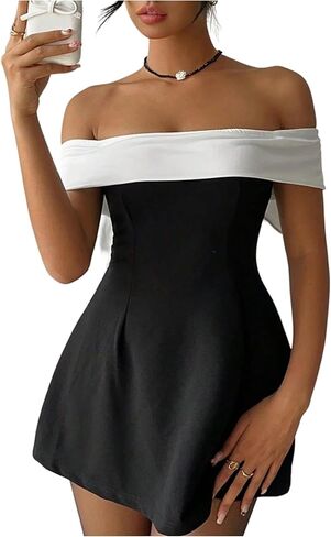 فستان GORGLITTER النسائي بدون الكتف Bodycon قصير أنيق أنيق صيفي لحفلات الزفاف وحفلات الكوكتيل وحفلات الكوكتيل in Kuwait