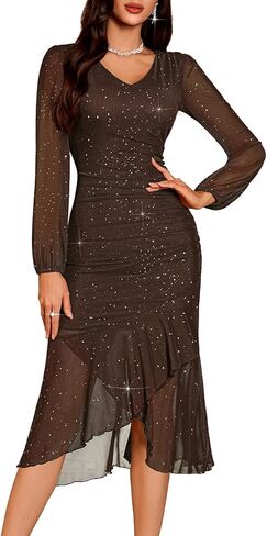 DRESSTELLS Sequin Wedding Guest Dresses for Women, Formal Cocktail Holiday Party Bodycon Mesh Ruched Long Dress in Saudi Arabia