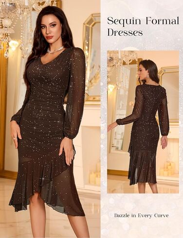 DRESSTELLS Sequin Wedding Guest Dresses for Women, Formal Cocktail Holiday Party Bodycon Mesh Ruched Long Dress in Saudi Arabia
