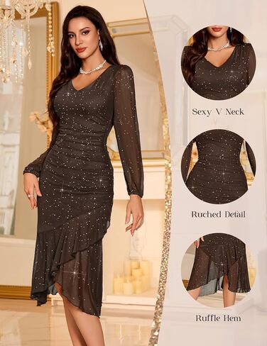 DRESSTELLS Sequin Wedding Guest Dresses for Women, Formal Cocktail Holiday Party Bodycon Mesh Ruched Long Dress in Saudi Arabia