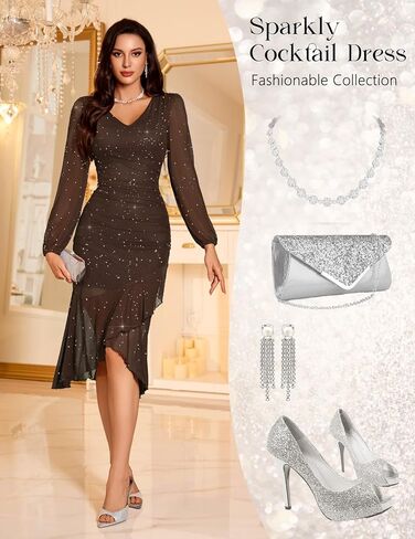 DRESSTELLS Sequin Wedding Guest Dresses for Women, Formal Cocktail Holiday Party Bodycon Mesh Ruched Long Dress in Saudi Arabia