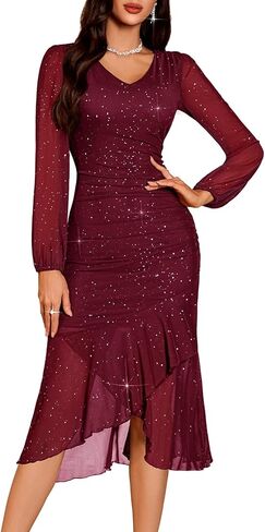 DRESSTELLS Sequin Wedding Guest Dresses for Women, Formal Cocktail Holiday Party Bodycon Mesh Ruched Long Dress in Saudi Arabia