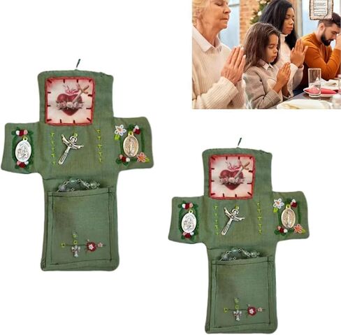 2Pcs Handmade Catholic Pocket Shrine with Silver Cross Inside - Portable Devotional Altar Shrine with Intricate Embroidery Design, Pocket Cross for Prayer, Ideal Religious Gift and Spiritual Keepsake in Saudi Arabia