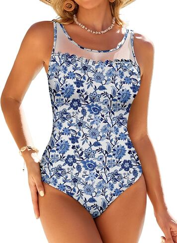 Pink Queen Women One Piece Swimsuit Crew Neck Mesh Sheer Tummy Control Swimwear Bathing Suit in Saudi Arabia