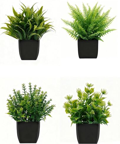 4 Pack Small Artificial Plants in Pots, Faux Mini Potted Fake Greenery Assortment for Home Office Desk Decor, Realistic Lifelike Plastic Foliage Indoor Outdoor Decoration in Saudi Arabia