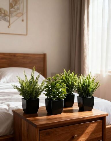 4 Pack Small Artificial Plants in Pots, Faux Mini Potted Fake Greenery Assortment for Home Office Desk Decor, Realistic Lifelike Plastic Foliage Indoor Outdoor Decoration in Saudi Arabia