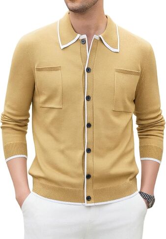 Alex Vando Mens Retro Cardigan Shirts Long Sleeve Two Pockets Knit Casual Button Down Shirts for Men in Saudi Arabia