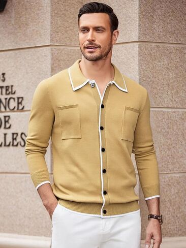 Alex Vando Mens Retro Cardigan Shirts Long Sleeve Two Pockets Knit Casual Button Down Shirts for Men in Saudi Arabia