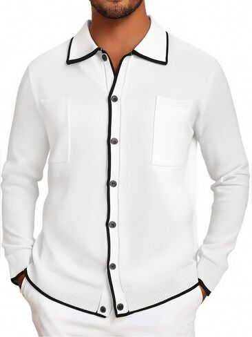 Alex Vando Mens Retro Cardigan Shirts Long Sleeve Two Pockets Knit Casual Button Down Shirts for Men in Saudi Arabia