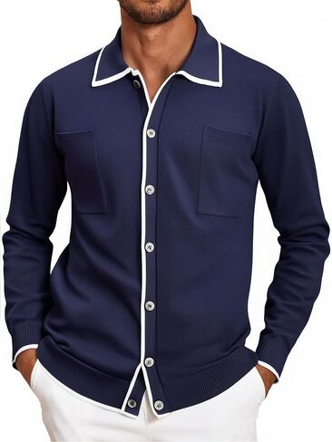 Alex Vando Mens Retro Cardigan Shirts Long Sleeve Two Pockets Knit Casual Button Down Shirts for Men in Saudi Arabia