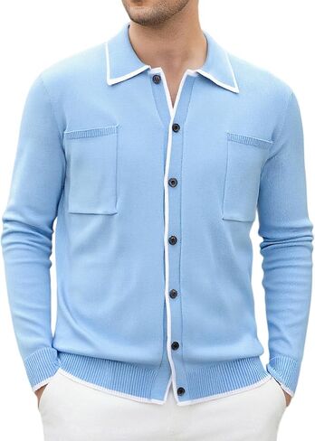 Alex Vando Mens Retro Cardigan Shirts Long Sleeve Two Pockets Knit Casual Button Down Shirts for Men in Saudi Arabia