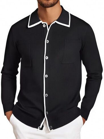 Alex Vando Mens Retro Cardigan Shirts Long Sleeve Two Pockets Knit Casual Button Down Shirts for Men in Saudi Arabia
