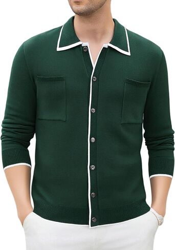 Alex Vando Mens Retro Cardigan Shirts Long Sleeve Two Pockets Knit Casual Button Down Shirts for Men in Saudi Arabia