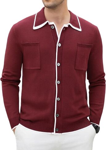 Alex Vando Mens Retro Cardigan Shirts Long Sleeve Two Pockets Knit Casual Button Down Shirts for Men in Saudi Arabia