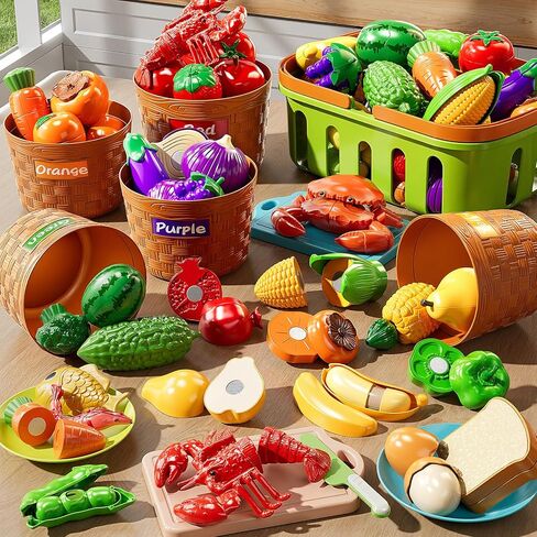 Play Food Set for Kids, Toddler Learning Toys, Cutting Food Toy Color Sorting Set, Pretend Food Play Kitchen Accessories for Kids, Birthday Gifts for 3-8 Years old Boys Girls Educational Toys in Kuwait