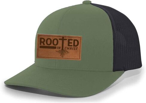 Heritage Pride Christian Rooted In Christ Laser Engraved Leather Patch Mesh Back Trucker Hat, Loden/Black in Saudi Arabia