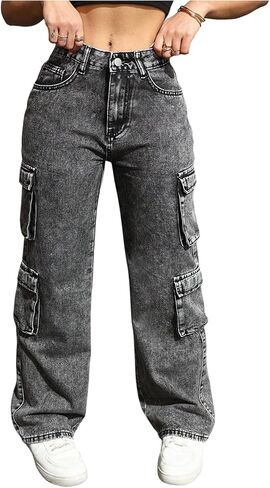 SOLY HUX Women's Cargo Jeans Y2k Straight Leg Casual Denim Pants with Pocket Streetwear in Saudi Arabia