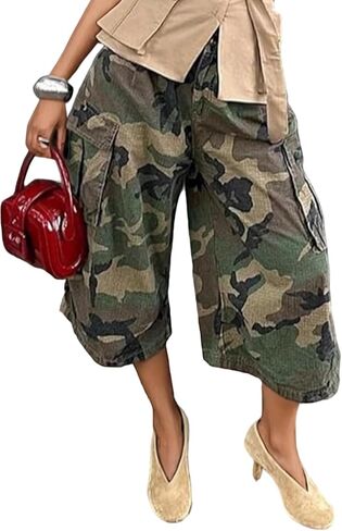 Vakkest Women's Baggy Camo Jeans High Waist Straight Wide Leg Camouflage Cargo Pants Harem Trousers Streetwear in Kuwait