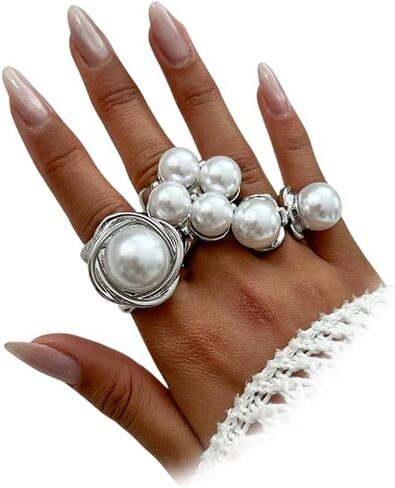 Chunky Gold Statement Big Pearl Knuckle Rings Stackable for Women Vintage Silver Pearls Open Finger Ring Exaggerated Personality Prom Jewerly Set Gift in Saudi Arabia