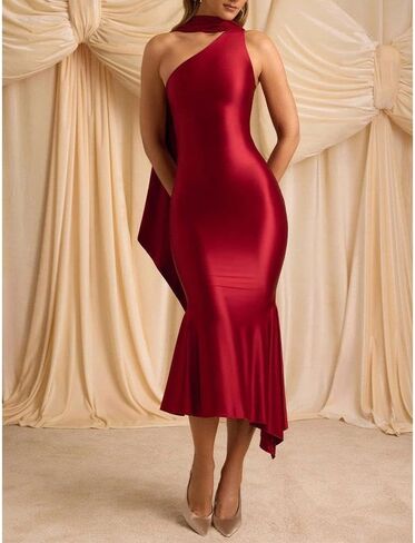 Women Formal Satin Dress One Shoulder Asymmetrical Scarf Mermaid Hem Midi Dress Cocktail Prom Gown in Kuwait
