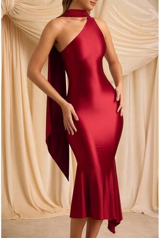 Women Formal Satin Dress One Shoulder Asymmetrical Scarf Mermaid Hem Midi Dress Cocktail Prom Gown in Kuwait