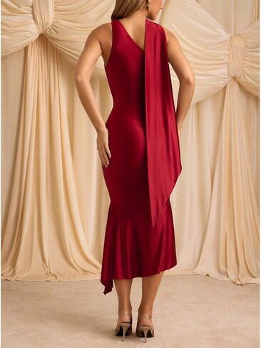 Women Formal Satin Dress One Shoulder Asymmetrical Scarf Mermaid Hem Midi Dress Cocktail Prom Gown in Kuwait