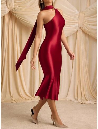 Women Formal Satin Dress One Shoulder Asymmetrical Scarf Mermaid Hem Midi Dress Cocktail Prom Gown in Kuwait