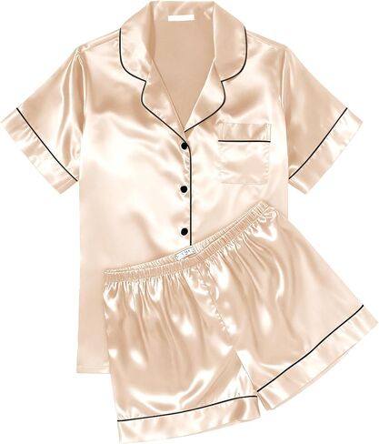 Ekouaer Womens Satin Silk Pajama Set Short Sleeve Button Up Top and Shorts Pjs Sleepwear 2 Piece Lounge Set,Large,Fl1-Green in Saudi Arabia