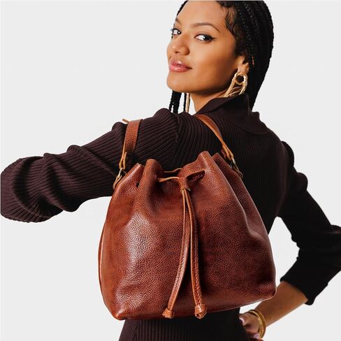 Portland Leather Goods Bucket Bag – Leather Crossbody Purse w/Drawstring Opening – Handmade from the Finest Full-Grain Hides in Saudi Arabia