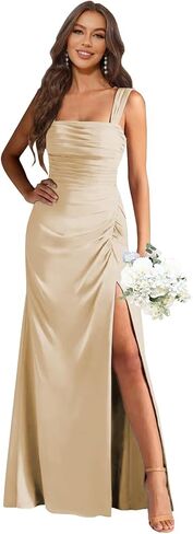 Bridesmaid Dresses for Women Mermaid Long Square Neck Pleated Chiffon Formal Dress Prom Gown with Slit in Kuwait