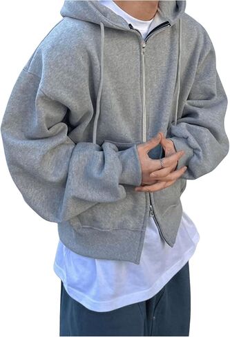 SHENHE Men's Zip Up Hoodie Drawstring Long Sleeve Drop Shoulder Fleece Streetwear Baggy Hoodie with Pockets in Saudi Arabia