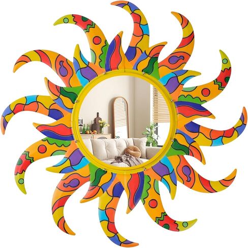 Colorful Sun Wall Mirrors Bedroom Room and Home Decor，25 inch Metal Frame Mirror Espejos Decorativos de Pared Sala Dormitorio，Modern Minimalist Decor and Chic Gifts for Women Mums（Yellow） in Saudi Arabia