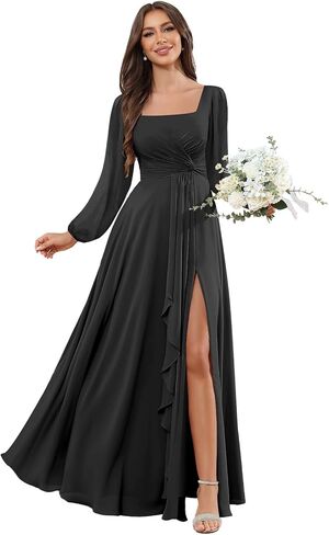 فساتين وصيفة الشرف طويلة مع الأكمام الشيفون الرقبة المربعة الكشكشة أثواب السهرة الرسمية مع الشق in Kuwait