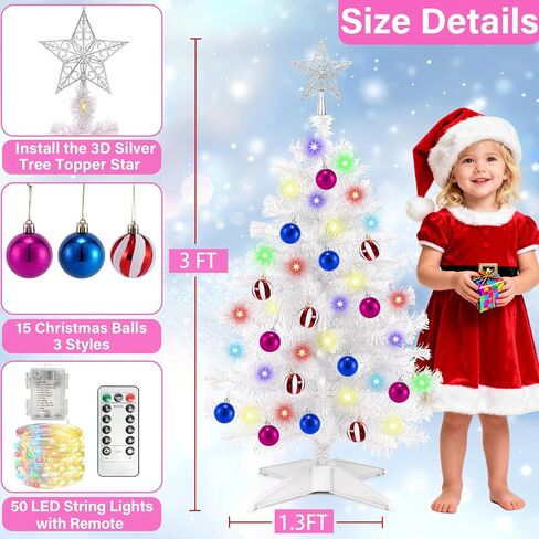 [ Remote Control & 8 Modes ] 3 Ft Christmas Tree with Timer 50 Warm White & Multi Color Lights, 15 DIY Ornaments 3D Star Topper - Artificial Small Christmas Tree for Home Indoor Tables - White in Saudi Arabia