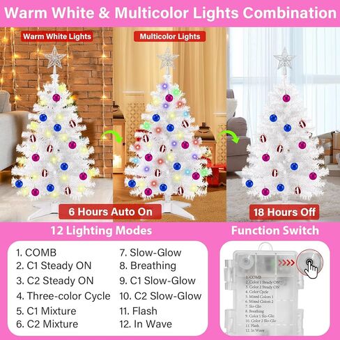 [ Remote Control & 8 Modes ] 3 Ft Christmas Tree with Timer 50 Warm White & Multi Color Lights, 15 DIY Ornaments 3D Star Topper - Artificial Small Christmas Tree for Home Indoor Tables - White in Saudi Arabia