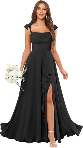 Spaghetti Straps Bridesmaid Dresses Chiffon Long Ruffle Formal Wedding Guest Dress with Slit in Kuwait