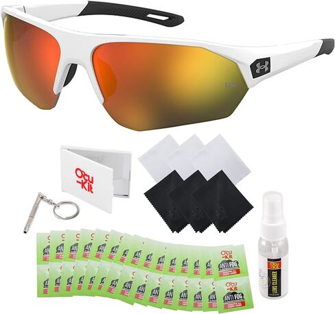 نظارات شمسية Ocu-Kit Under Armour للرجال Playmaker 0001/G/S إطار أبيض 04NL/50 عدسات برتقالية 72 مم نظارة شمسية ملفوفة بنصف حافة - حزمة حزمة العناية بالنظارات in Saudi Arabia