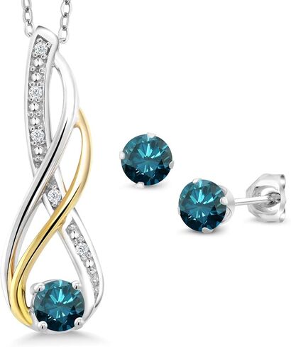 مجموعة مجوهرات Gem Stone King 0.85 قيراط من الألماس الأزرق والألماس عيار 925 من الفضة وقلادة وأقراط من الذهب الأصفر عيار 10 قيراط in Saudi Arabia