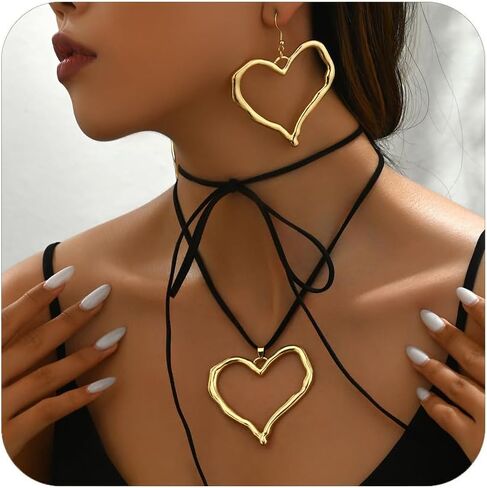 Gold/Sliver Large Hollow Heart Necklaces for Women Big Love Earrings Y2k Exaggerated Hollow Heart Pendant Necklace Earrings Set Statement Jewelry in Saudi Arabia