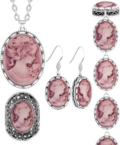 Vintage Look Lady Queen Cameo Sets For Women Victoria Pendant Cameo Necklace Earrings Ring Bracelet Fashion Jewelry in Saudi Arabia