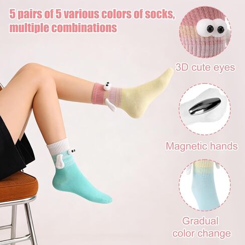 5 Pairs Hand Holding Sock, Funny Magnetic Cartoon Big Eyes Holding Hands Sock Cute Silly Stocking for Women Men Friend Couple in Saudi Arabia