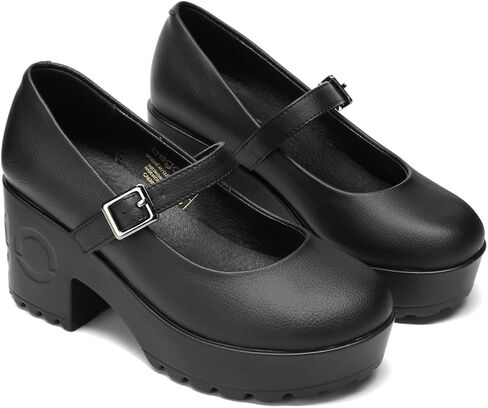 حذاء نسائي من Bego بحزام قابل للتعديل ومقدمة مستديرة وكعب سميك ونعل سميك من Mary Jane Dress Shoes أسود من جلد العنب النباتي in Kuwait