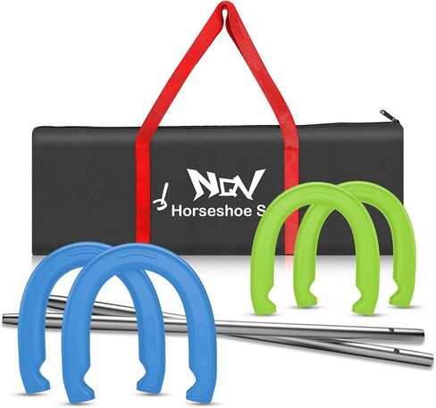 NQV Horseshoe Outside Game,Horse Shoe Game Kit,Horseshoe Set on Lawn Beach Soil Outdoor Backyard Adults. 4 Traditional Heavy Duty Forged Steel Horseshoes Regulation Size+2 Forged Steel Stakes+1 Bag in Saudi Arabia