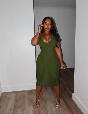 Women's Tank Top V Neck T Shirt Dress Sleeveless Ribbed Midi Pencil Dress for Summer in Saudi Arabia