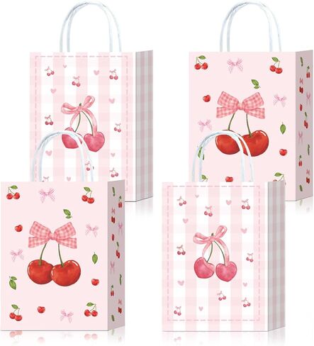 W WINTMING 16Pcs Strawberry Party Favor Bags Pink Red Paper Gift Bags with Handles Cute Candy Bag Goodie Bag for Summer Fruit Party Decoration in Kuwait