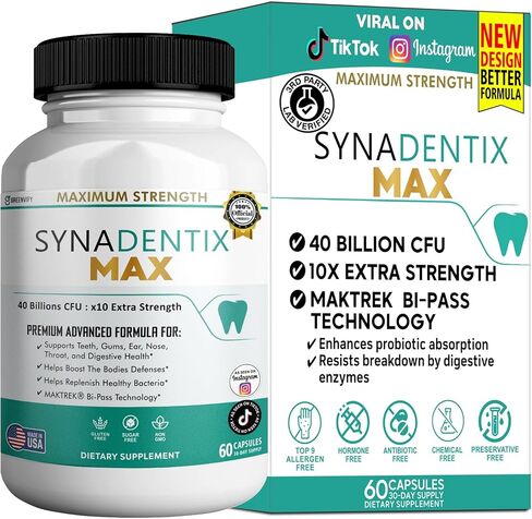 مكمل SynaDentix Max Probiotic، 40 مليار وحدة تشكيل مستعمرة، تقنية MAKTREK Bi-Pass، 60 كبسولة، كمية تكفي لمدة 30 يومًا (1) in Kuwait