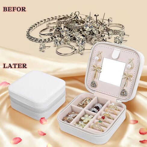 Travel Jewelry Case and Organizer with Mirror,Portable Mini Storage Box for Rings, Earrings, Necklaces, Gift for Mother Mom, Girl, Daughter, Sisters, Bridesmaids, Mother's Day Gift（White） in Saudi Arabia