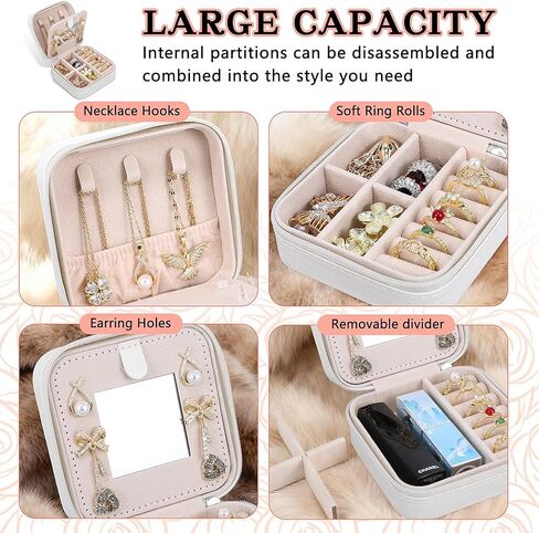 Travel Jewelry Case and Organizer with Mirror,Portable Mini Storage Box for Rings, Earrings, Necklaces, Gift for Mother Mom, Girl, Daughter, Sisters, Bridesmaids, Mother's Day Gift（White） in Saudi Arabia
